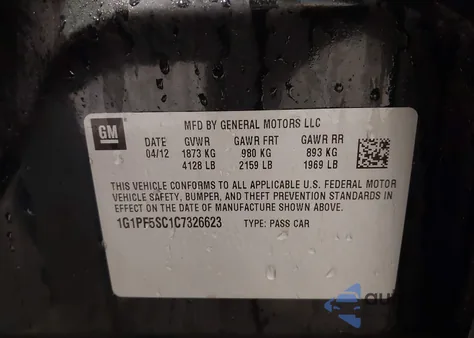 2012 Chevrolet Cruze 1Lt z USA, uszkodzony, nr VIN 1G1PF5SC1C7326623